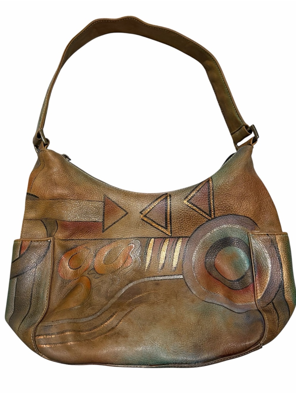 Vintage Anuschka Hand-Painted Brown Leather Hobo Bag